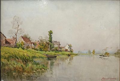 tableau représentant une scène fluviale avec des maisons et des bateaux sur l'eau