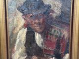 une peinture à l'huile représentant un homme portant un chapeau et tenant un livre