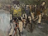 a painting of a group of people riding bicycles