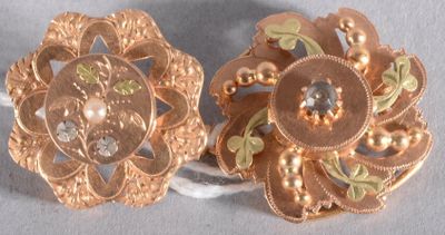 une paire de broches en forme de fleur, de couleur dorée, ornées de cristaux