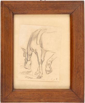 un vieux dessin représentant un cheval en train de brouter, dans un cadre en bois