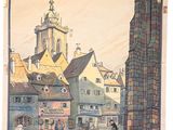painting of a street scene with a church steeple in the background