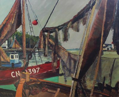 a painting of a painting of boats on the water