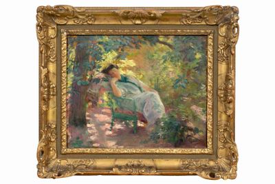an image of a painting of a woman sitting on a bench in the woods