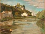 peinture d'une scène de rivière avec un château à l'arrière-plan