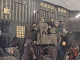 a painting of a horse drawn carriage with people on it