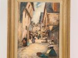 an oil painting of a street scene with a woman sitting on the sidewalk