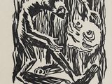 un dessin en noir et blanc représentant un chien assis sur une branche