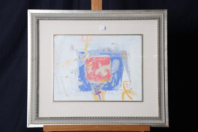 painting on easel with a blue background and a red square in the middle