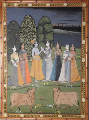 un tableau représentant un groupe de femmes et une vache dans un champ