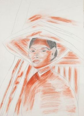 dessin représentant une femme portant un chapeau et un voile sur la tête