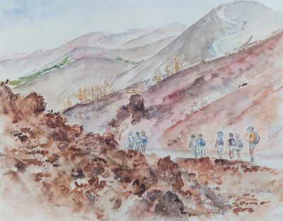une aquarelle représentant un groupe de personnes montant une colline