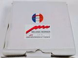 a white box with a red and blue sticker on it