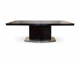 une table à manger noire avec un plateau carré en verre