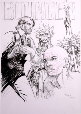 un dessin en noir et blanc représentant un homme et une femme face à un groupe de zombies