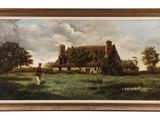an image of a painting of a house in a field with a cow in the foreground