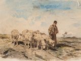 une aquarelle représentant un homme s'occupant d'un troupeau de moutons