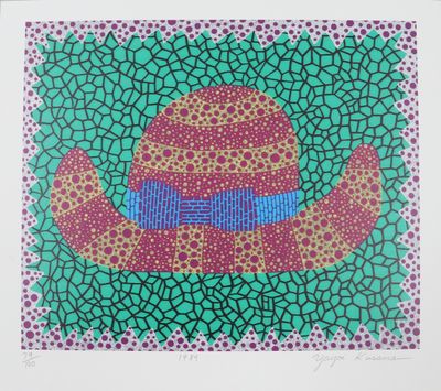 an image of a painting of a hat and a bow tie on a green background