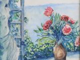 a painting of flowers in a vase on a window sill