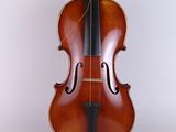 an old violin sitting upright on a white surface