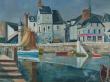 a painting of a harbor scene with boats in the water