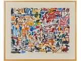 an abstract painting of various colors and shapes on a white background