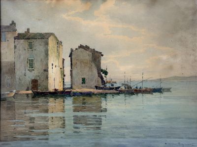 a painting of a boat in the water near a building
