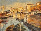 une peinture à l'huile représentant des bateaux dans un port avec des bâtiments à l'arrière-plan
