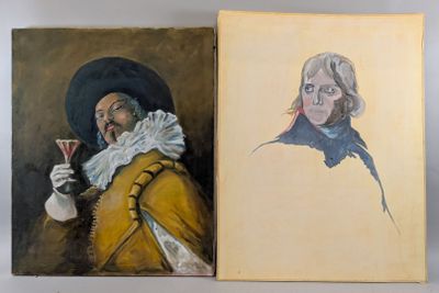 deux tableaux représentant un homme et une femme avec un verre de vin