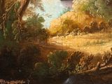 a painting of a cow standing in a field by a stream