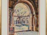 an image of a watercolor painting of a courtyard with a tree