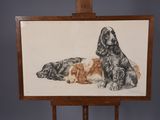 a painting of two dogs and a cat on a easel