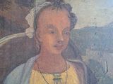 a painting of a woman sitting on a chair
