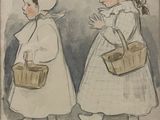 drawing of two little girls with baskets in their hands