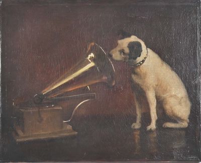 tableau représentant un chien avec un phonom posé sur une table à côté d'un tourne-disque