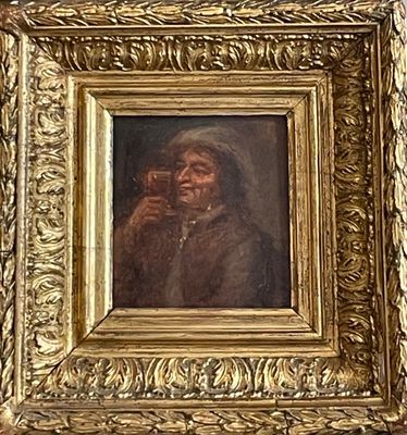 painting of a woman drinking a glass of wine in a gold frame