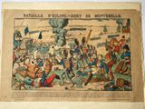 an old print of a battle with soldiers and a horse
