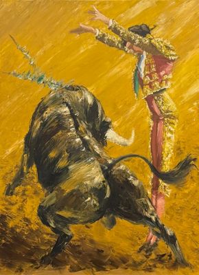 tableau représentant un taureau et un homme vêtu d'un costume rouge et jaune