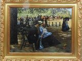 painting of a couple sitting on a bench in a park