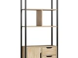 a wooden bookcase with two drawers and a drawer underneath it