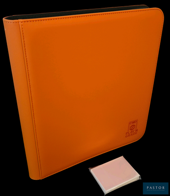 an orange binder with a note pad on it
