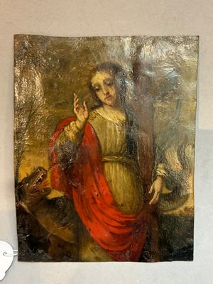une photo d'un tableau représentant une femme avec un chien, accroché au mur