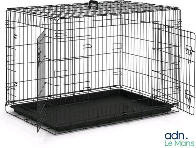 a black dog crate with a door open and a black tray underneath it