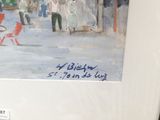 a painting of a man walking a dog down the street