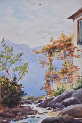 a painting of a house on the side of a mountain