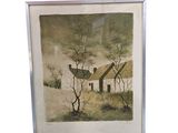 une image représentant une photo d'un tableau représentant une maison et des arbres