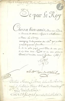 LOUIS XVI. L.S. (secrétaire), Versailles 9 juillet 1785, aux…