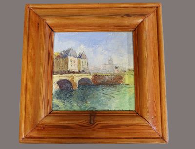 une peinture à l'huile représentant un pont sur une rivière avec un château à l'arrière-plan