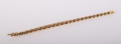 a gold chain bracelet with a clasp on a white background