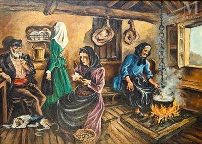 painting of a group of people sitting around a fire in a cabin